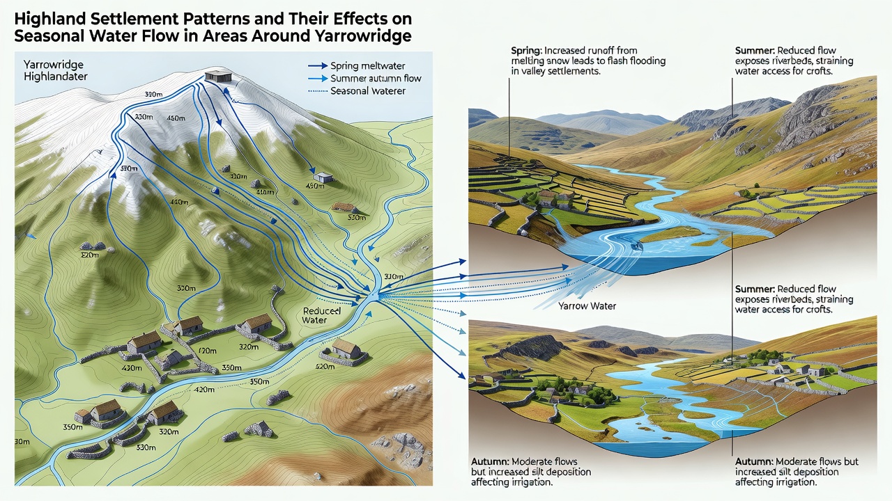 Highland valley showing water flow paths influenced by settlement terraces and drainage features near Yarrowridge